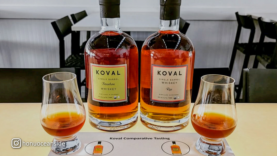 Bottles and Glasses of Koval Bourbon and Rye Whiskey at Honu Oceanside