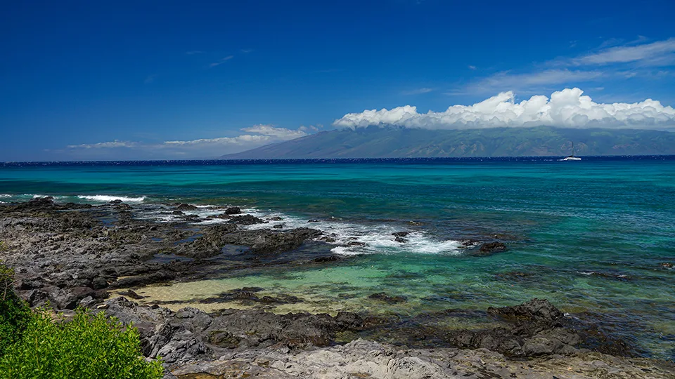 Clear coastal water and lava rocks at the edge of Napili Bay.