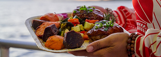 Island-style dinner served aboard the Pride of Maui Sunset Dinner Cruise with freshly prepared Hawaiian cuisine