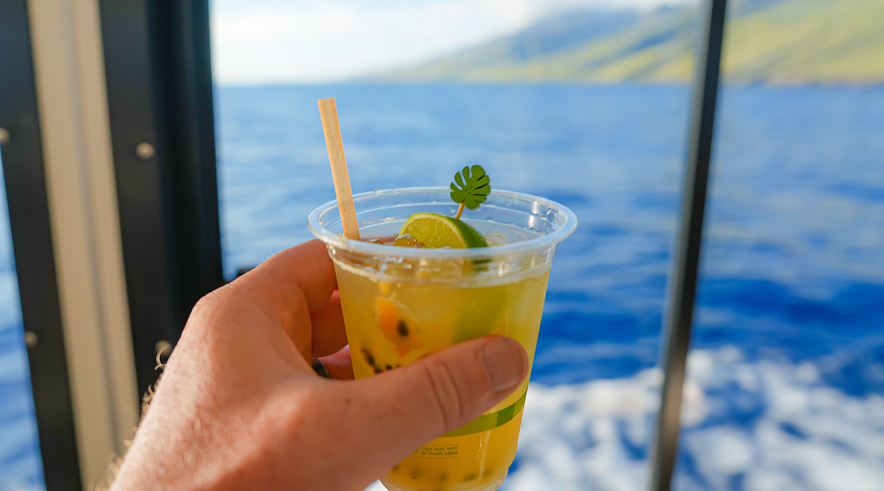 Tropical drink on ‘Elua after snorkeling, ocean and West Maui in background