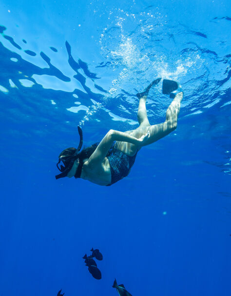 Snorkeler in clear blue water at Molokini with reef fish below